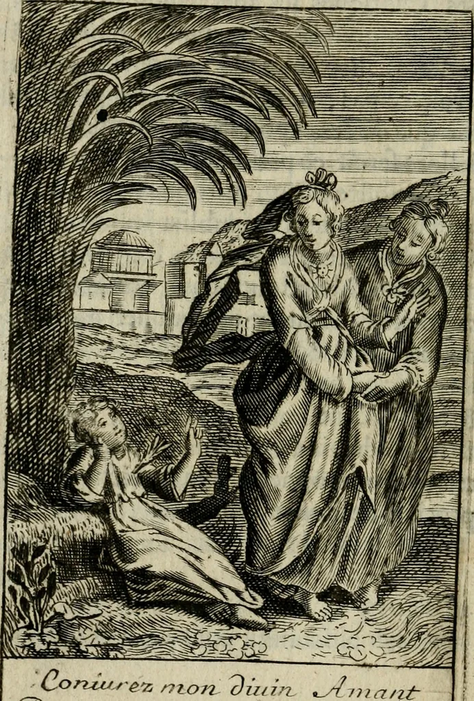 An illustration from Les pieux sentimens d'une ame chrestienne : exposez sous des emblesmes familiers, tirez de l'Ecriture Sainte : divisez en trois parties : la premiere traite des larmes & soûpirs de la penitence, la seconde, des desirs de l'ame juste, la troisième, des soûpirs d'une ame convertie en Dieu : traduction nouvelle, avec des figures, 1692, leaf 285