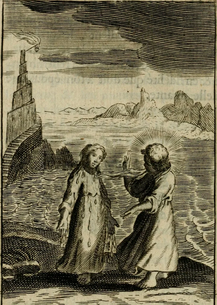 An illustration from Les pieux sentimens d'une ame chrestienne : exposez sous des emblesmes familiers, tirez de l'Ecriture Sainte : divisez en trois parties : la premiere traite des larmes & soûpirs de la penitence, la seconde, des desirs de l'ame juste, la troisième, des soûpirs d'une ame convertie en Dieu : traduction nouvelle, avec des figures, 1692, leaf 325