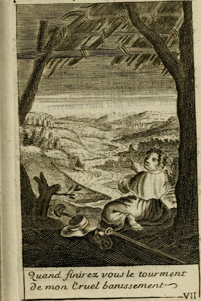 An illustration from Les pieux sentimens d'une ame chrestienne : exposez sous des emblesmes familiers, tirez de l'Ecriture Sainte : divisez en trois parties : la premiere traite des larmes & soûpirs de la penitence, la seconde, des desirs de l'ame juste, la troisième, des soûpirs d'une ame convertie en Dieu : traduction nouvelle, avec des figures, 1692, leaf 348
