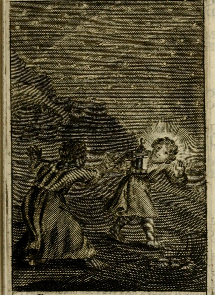 An illustration from Les pieux sentimens d'une ame chrestienne : exposez sous des emblesmes familiers, tirez de l'Ecriture Sainte : divisez en trois parties : la premiere traite des larmes & soûpirs de la penitence, la seconde, des desirs de l'ame juste, la troisième, des soûpirs d'une ame convertie en Dieu : traduction nouvelle, avec des figures, 1692, leaf 36