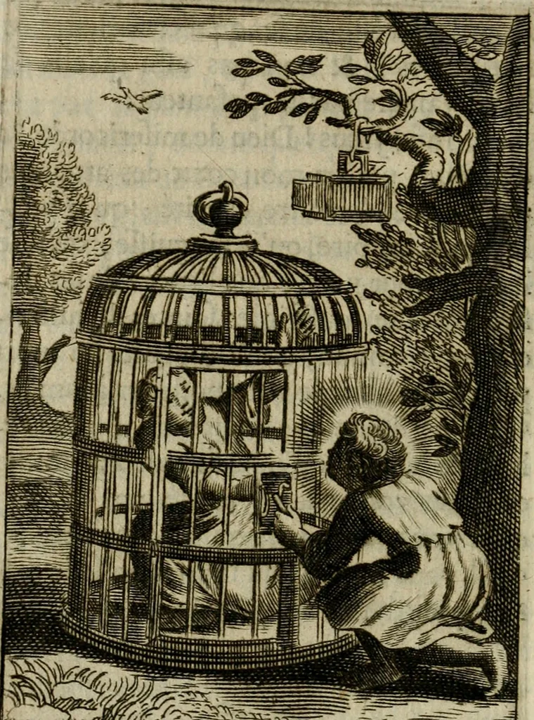 An illustration from Les pieux sentimens d'une ame chrestienne : exposez sous des emblesmes familiers, tirez de l'Ecriture Sainte : divisez en trois parties : la premiere traite des larmes & soûpirs de la penitence, la seconde, des desirs de l'ame juste, la troisième, des soûpirs d'une ame convertie en Dieu : traduction nouvelle, avec des figures, 1692, leaf 377