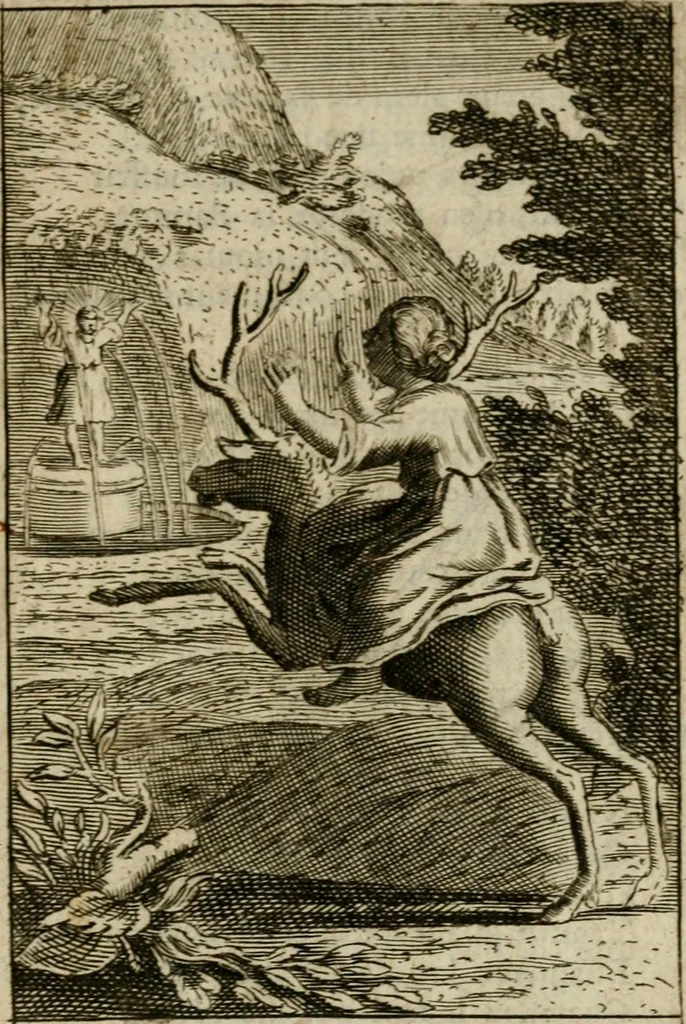 An illustration from Les pieux sentimens d'une ame chrestienne : exposez sous des emblesmes familiers, tirez de l'Ecriture Sainte : divisez en trois parties : la premiere traite des larmes & soûpirs de la penitence, la seconde, des desirs de l'ame juste, la troisième, des soûpirs d'une ame convertie en Dieu : traduction nouvelle, avec des figures, 1692, leaf 386