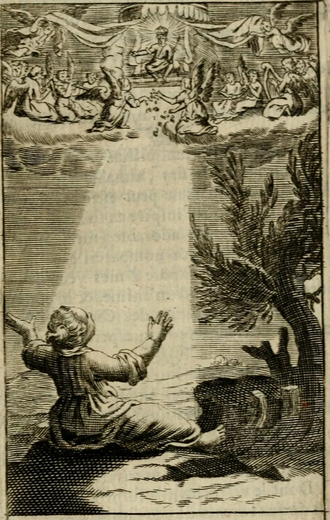 An illustration from Les pieux sentimens d'une ame chrestienne : exposez sous des emblesmes familiers, tirez de l'Ecriture Sainte : divisez en trois parties : la premiere traite des larmes & soûpirs de la penitence, la seconde, des desirs de l'ame juste, la troisième, des soûpirs d'une ame convertie en Dieu : traduction nouvelle, avec des figures, 1692, leaf 414