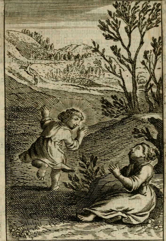 An illustration from Les pieux sentimens d'une ame chrestienne : exposez sous des emblesmes familiers, tirez de l'Ecriture Sainte : divisez en trois parties : la premiere traite des larmes & soûpirs de la penitence, la seconde, des desirs de l'ame juste, la troisième, des soûpirs d'une ame convertie en Dieu : traduction nouvelle, avec des figures, 1692, leaf 426
