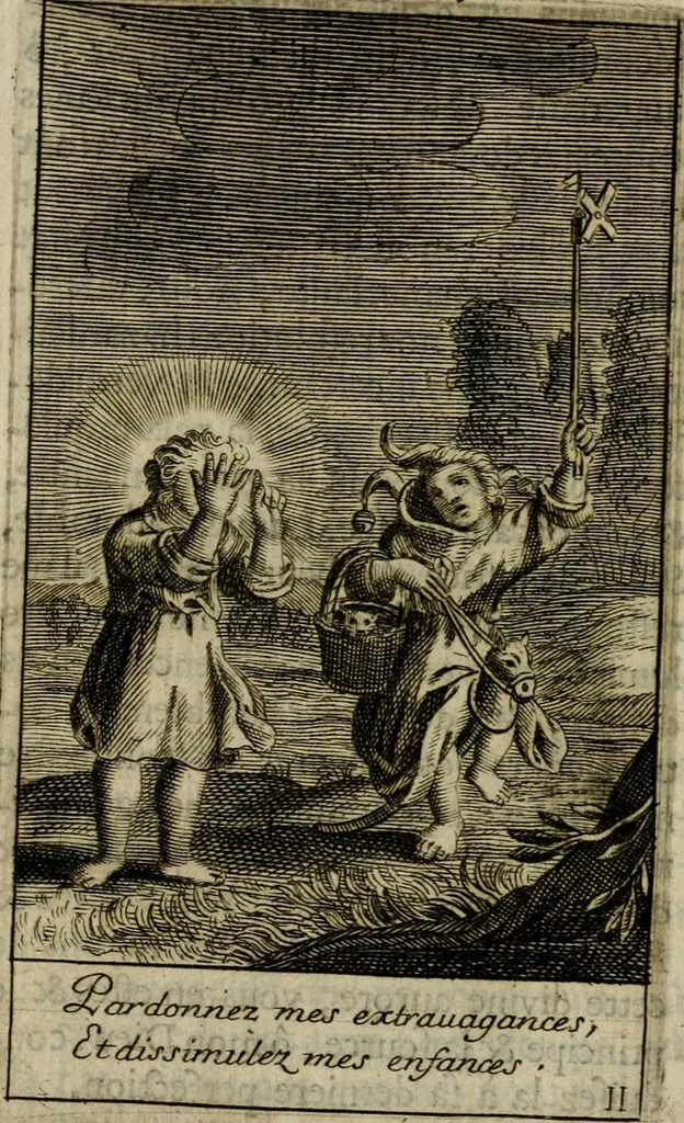 An illustration from Les pieux sentimens d'une ame chrestienne : exposez sous des emblesmes familiers, tirez de l'Ecriture Sainte : divisez en trois parties : la premiere traite des larmes & soûpirs de la penitence, la seconde, des desirs de l'ame juste, la troisième, des soûpirs d'une ame convertie en Dieu : traduction nouvelle, avec des figures, 1692, leaf 43