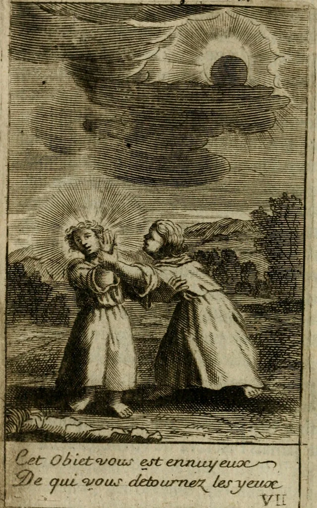 An illustration from Les pieux sentimens d'une ame chrestienne : exposez sous des emblesmes familiers, tirez de l'Ecriture Sainte : divisez en trois parties : la premiere traite des larmes & soûpirs de la penitence, la seconde, des desirs de l'ame juste, la troisième, des soûpirs d'une ame convertie en Dieu : traduction nouvelle, avec des figures, 1692, leaf 81