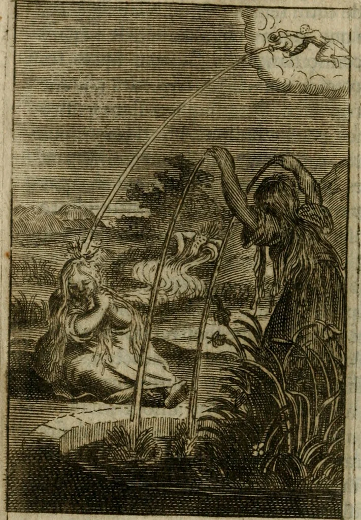 An illustration from Les pieux sentimens d'une ame chrestienne : exposez sous des emblesmes familiers, tirez de l'Ecriture Sainte : divisez en trois parties : la premiere traite des larmes & soûpirs de la penitence, la seconde, des desirs de l'ame juste, la troisième, des soûpirs d'une ame convertie en Dieu : traduction nouvelle, avec des figures, 1692, leaf 89