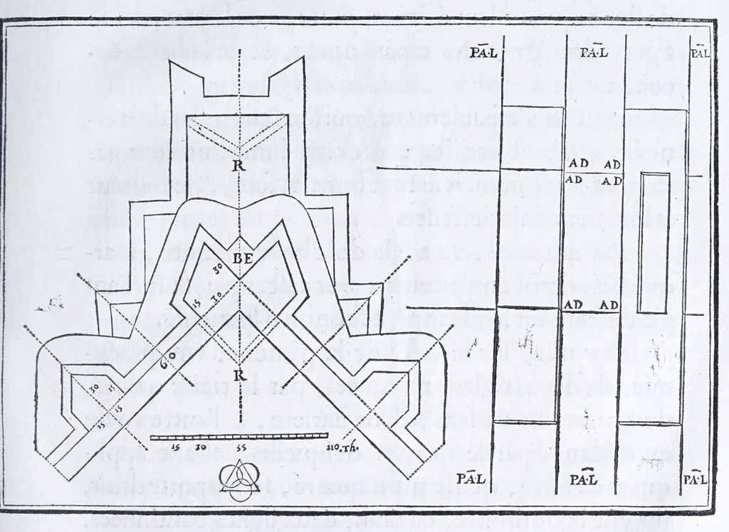An illustration from Les practiques du sieur Fabre, sur lordre et reigle de fortifier, garder, attaquer, et defendre les places : auec vn facile moyen pour leuer touttes sortes de plans, tant des places et des bastimens, que de la campaigne pour les cartes, 1629, leaf 113