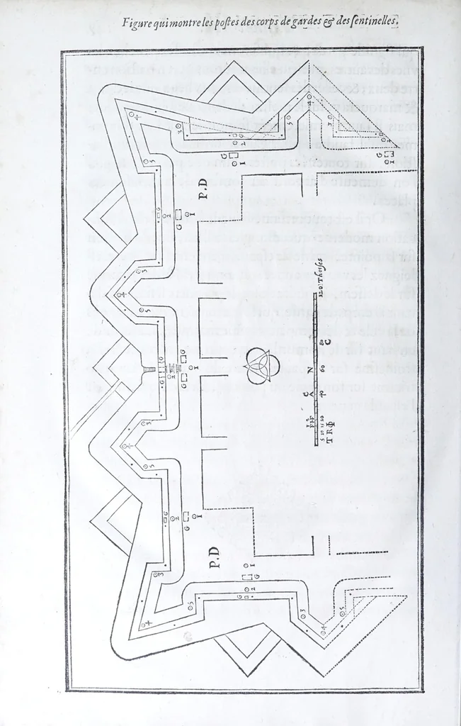 An illustration from Les practiques du sieur Fabre, sur lordre et reigle de fortifier, garder, attaquer, et defendre les places : auec vn facile moyen pour leuer touttes sortes de plans, tant des places et des bastimens, que de la campaigne pour les cartes, 1629, leaf 156