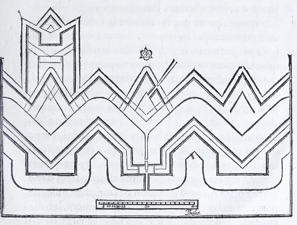 An illustration from Les practiques du sieur Fabre, sur lordre et reigle de fortifier, garder, attaquer, et defendre les places : auec vn facile moyen pour leuer touttes sortes de plans, tant des places et des bastimens, que de la campaigne pour les cartes, 1629, leaf 203