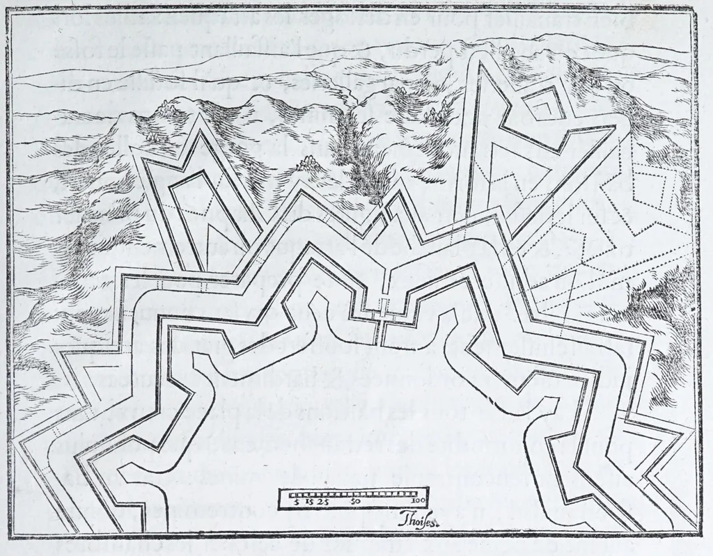 An illustration from Les practiques du sieur Fabre, sur lordre et reigle de fortifier, garder, attaquer, et defendre les places : auec vn facile moyen pour leuer touttes sortes de plans, tant des places et des bastimens, que de la campaigne pour les cartes, 1629, leaf 205