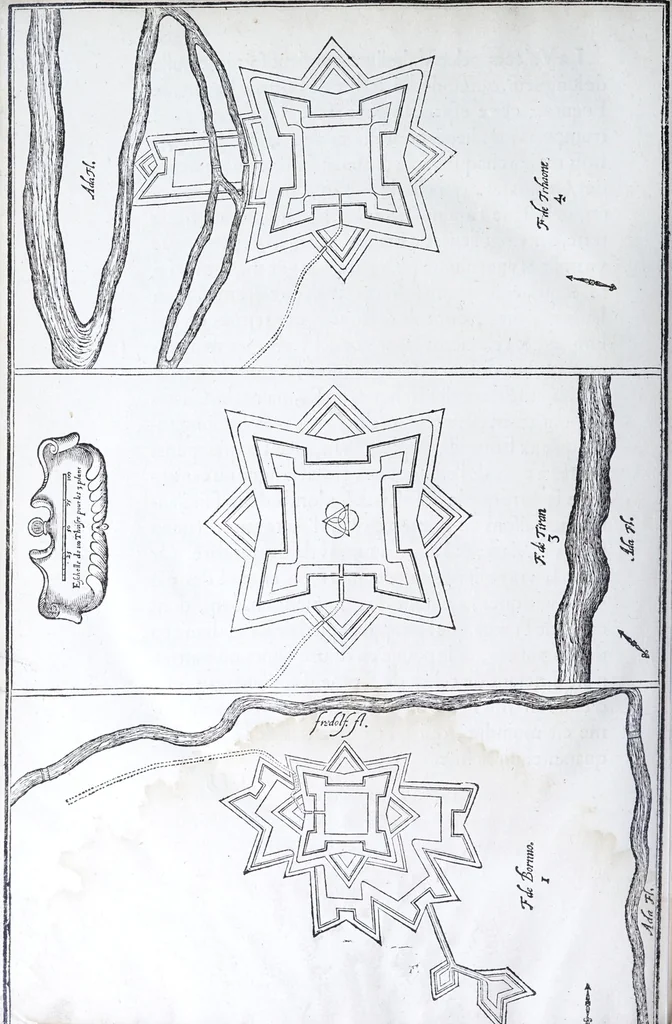 An illustration from Les practiques du sieur Fabre, sur lordre et reigle de fortifier, garder, attaquer, et defendre les places : auec vn facile moyen pour leuer touttes sortes de plans, tant des places et des bastimens, que de la campaigne pour les cartes, 1629, leaf 212
