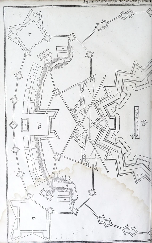 An illustration from Les practiques du sieur Fabre, sur lordre et reigle de fortifier, garder, attaquer, et defendre les places : auec vn facile moyen pour leuer touttes sortes de plans, tant des places et des bastimens, que de la campaigne pour les cartes, 1629, leaf 214