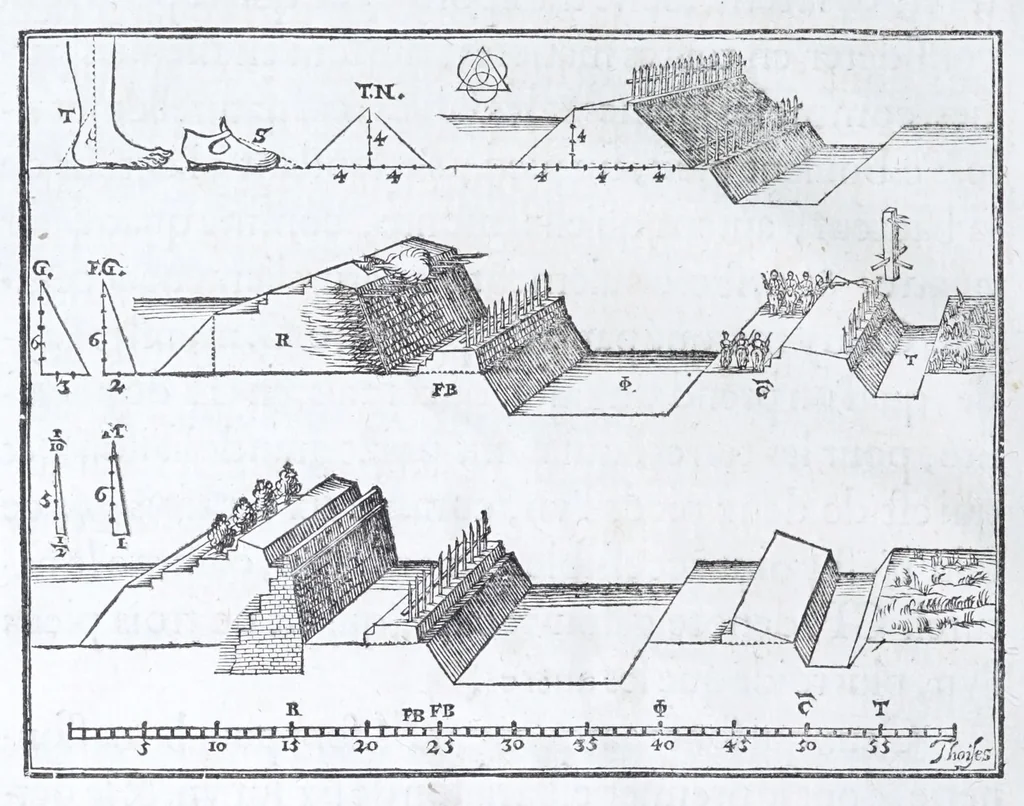 An illustration from Les practiques du sieur Fabre, sur lordre et reigle de fortifier, garder, attaquer, et defendre les places : auec vn facile moyen pour leuer touttes sortes de plans, tant des places et des bastimens, que de la campaigne pour les cartes, 1629, leaf 36