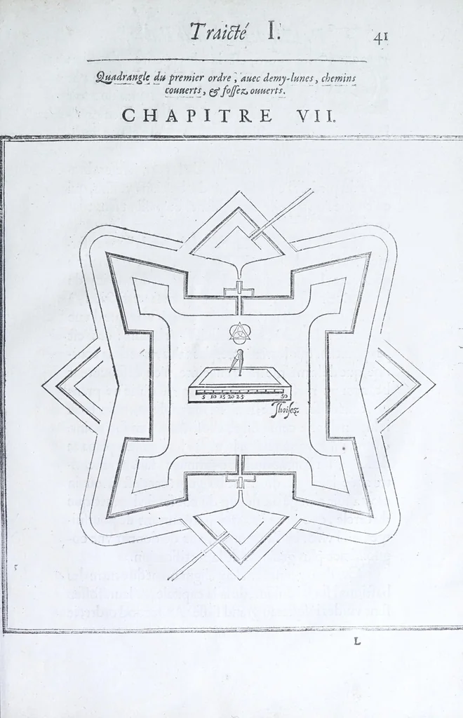 An illustration from Les practiques du sieur Fabre, sur lordre et reigle de fortifier, garder, attaquer, et defendre les places : auec vn facile moyen pour leuer touttes sortes de plans, tant des places et des bastimens, que de la campaigne pour les cartes, 1629, leaf 45