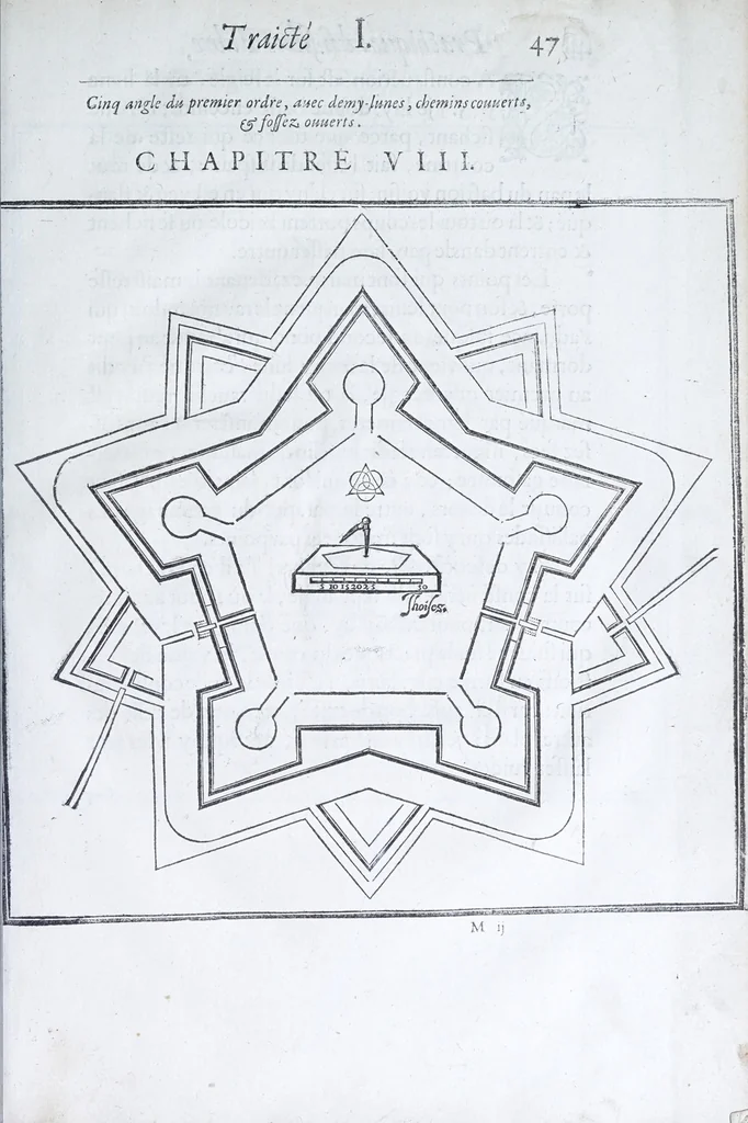 An illustration from Les practiques du sieur Fabre, sur lordre et reigle de fortifier, garder, attaquer, et defendre les places : auec vn facile moyen pour leuer touttes sortes de plans, tant des places et des bastimens, que de la campaigne pour les cartes, 1629, leaf 51