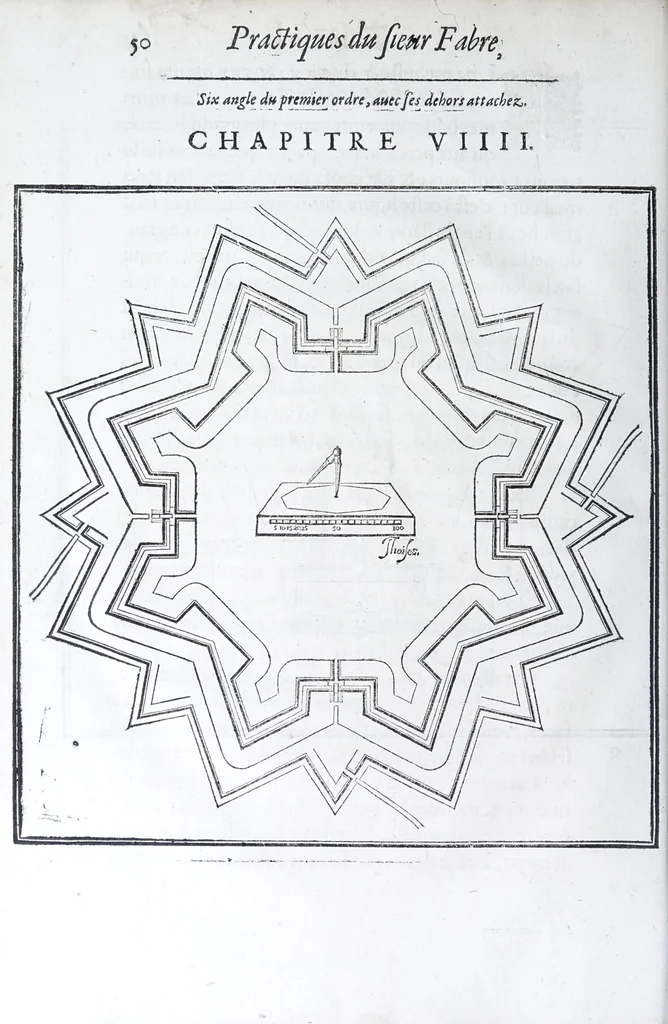 An illustration from Les practiques du sieur Fabre, sur lordre et reigle de fortifier, garder, attaquer, et defendre les places : auec vn facile moyen pour leuer touttes sortes de plans, tant des places et des bastimens, que de la campaigne pour les cartes, 1629, leaf 54