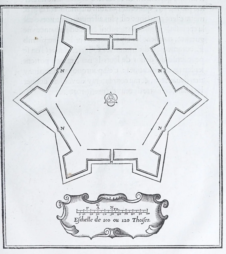An illustration from Les practiques du sieur Fabre, sur lordre et reigle de fortifier, garder, attaquer, et defendre les places : auec vn facile moyen pour leuer touttes sortes de plans, tant des places et des bastimens, que de la campaigne pour les cartes, 1629, leaf 57