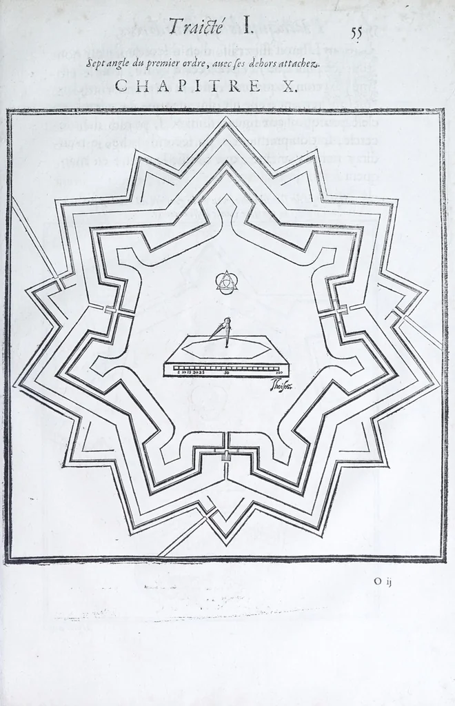 An illustration from Les practiques du sieur Fabre, sur lordre et reigle de fortifier, garder, attaquer, et defendre les places : auec vn facile moyen pour leuer touttes sortes de plans, tant des places et des bastimens, que de la campaigne pour les cartes, 1629, leaf 59