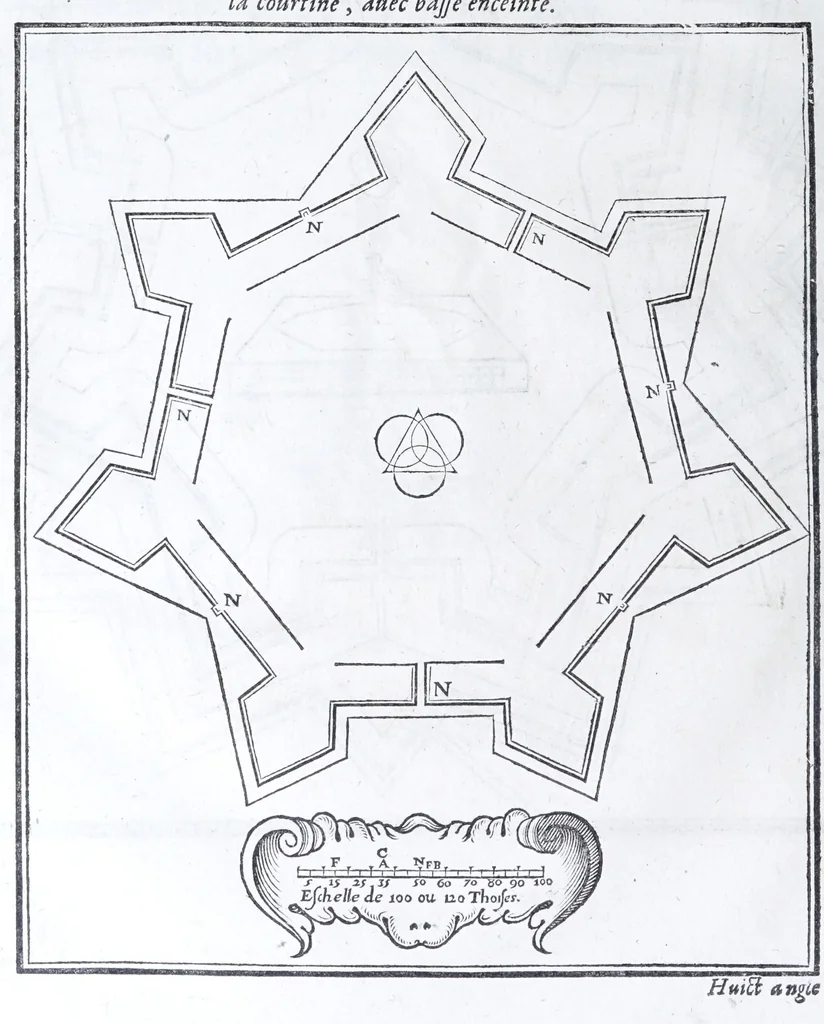 An illustration from Les practiques du sieur Fabre, sur lordre et reigle de fortifier, garder, attaquer, et defendre les places : auec vn facile moyen pour leuer touttes sortes de plans, tant des places et des bastimens, que de la campaigne pour les cartes, 1629, leaf 60