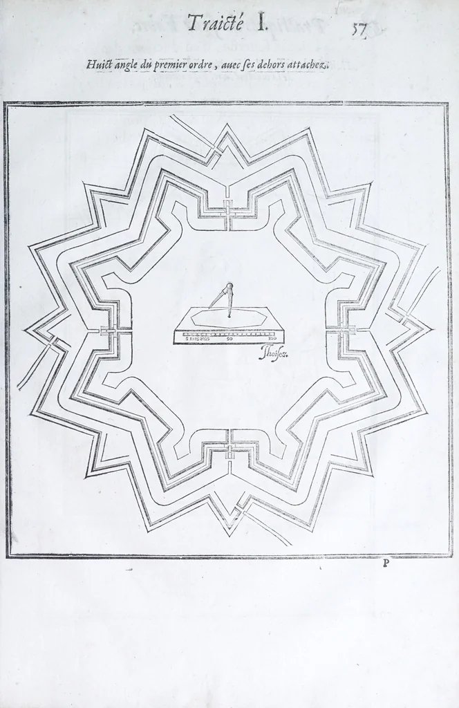 An illustration from Les practiques du sieur Fabre, sur lordre et reigle de fortifier, garder, attaquer, et defendre les places : auec vn facile moyen pour leuer touttes sortes de plans, tant des places et des bastimens, que de la campaigne pour les cartes, 1629, leaf 61