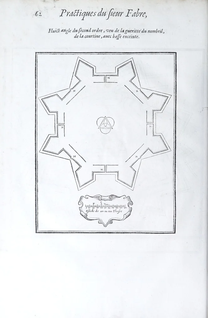 An illustration from Les practiques du sieur Fabre, sur lordre et reigle de fortifier, garder, attaquer, et defendre les places : auec vn facile moyen pour leuer touttes sortes de plans, tant des places et des bastimens, que de la campaigne pour les cartes, 1629, leaf 62