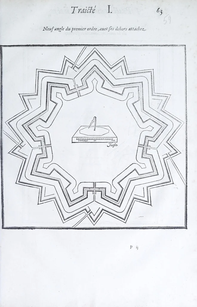 An illustration from Les practiques du sieur Fabre, sur lordre et reigle de fortifier, garder, attaquer, et defendre les places : auec vn facile moyen pour leuer touttes sortes de plans, tant des places et des bastimens, que de la campaigne pour les cartes, 1629, leaf 63