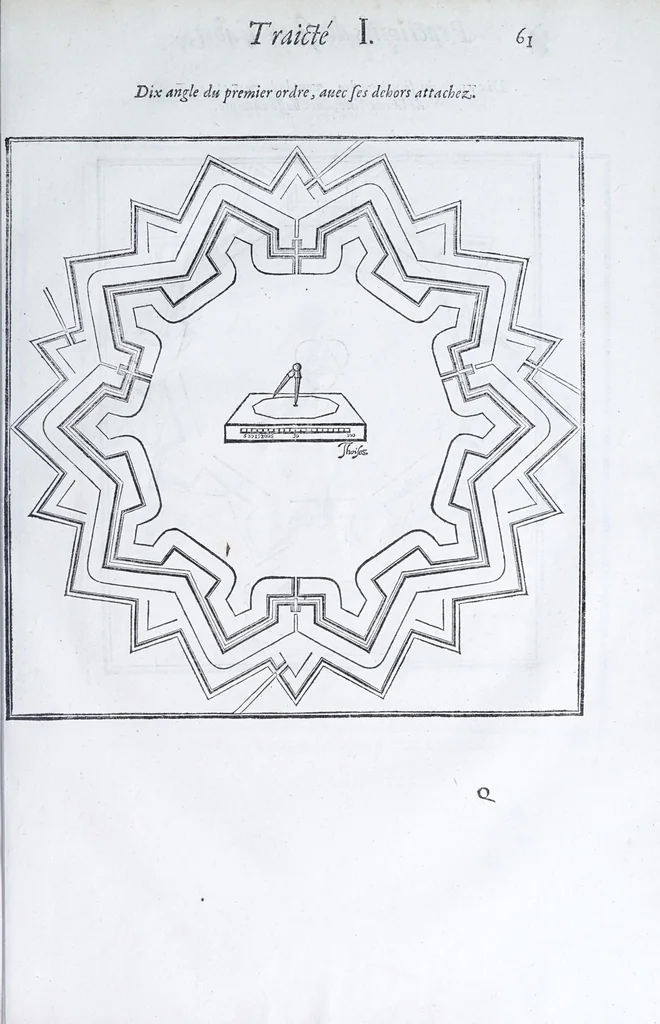 An illustration from Les practiques du sieur Fabre, sur lordre et reigle de fortifier, garder, attaquer, et defendre les places : auec vn facile moyen pour leuer touttes sortes de plans, tant des places et des bastimens, que de la campaigne pour les cartes, 1629, leaf 65