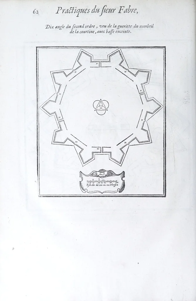 An illustration from Les practiques du sieur Fabre, sur lordre et reigle de fortifier, garder, attaquer, et defendre les places : auec vn facile moyen pour leuer touttes sortes de plans, tant des places et des bastimens, que de la campaigne pour les cartes, 1629, leaf 66