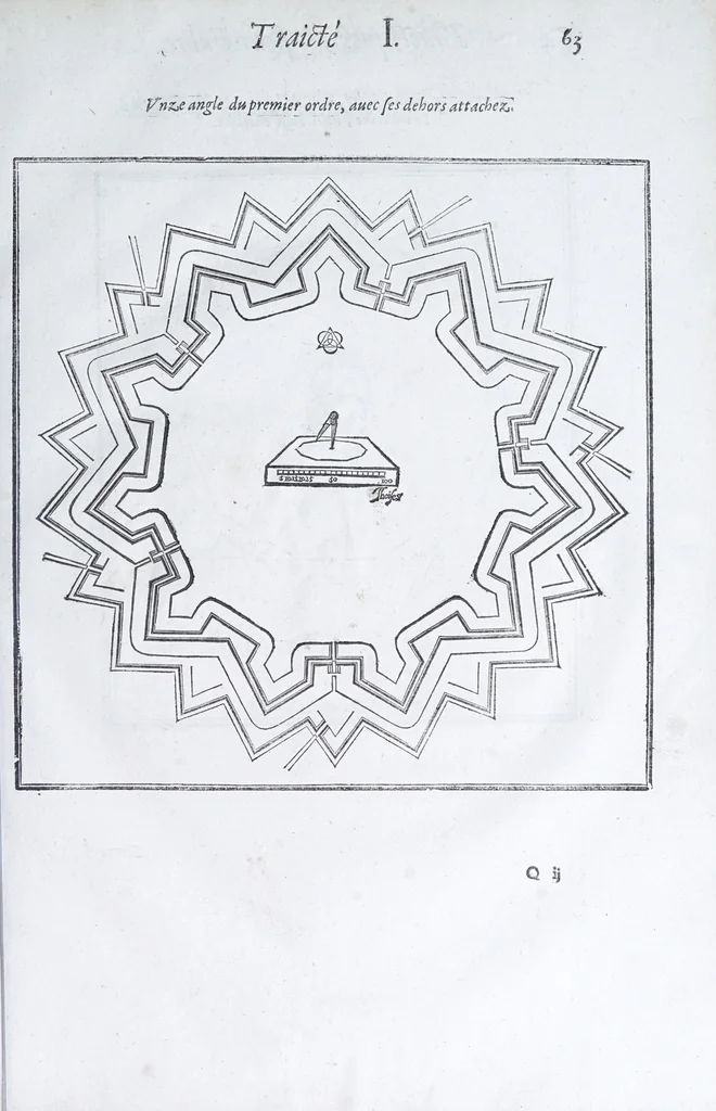 An illustration from Les practiques du sieur Fabre, sur lordre et reigle de fortifier, garder, attaquer, et defendre les places : auec vn facile moyen pour leuer touttes sortes de plans, tant des places et des bastimens, que de la campaigne pour les cartes, 1629, leaf 67