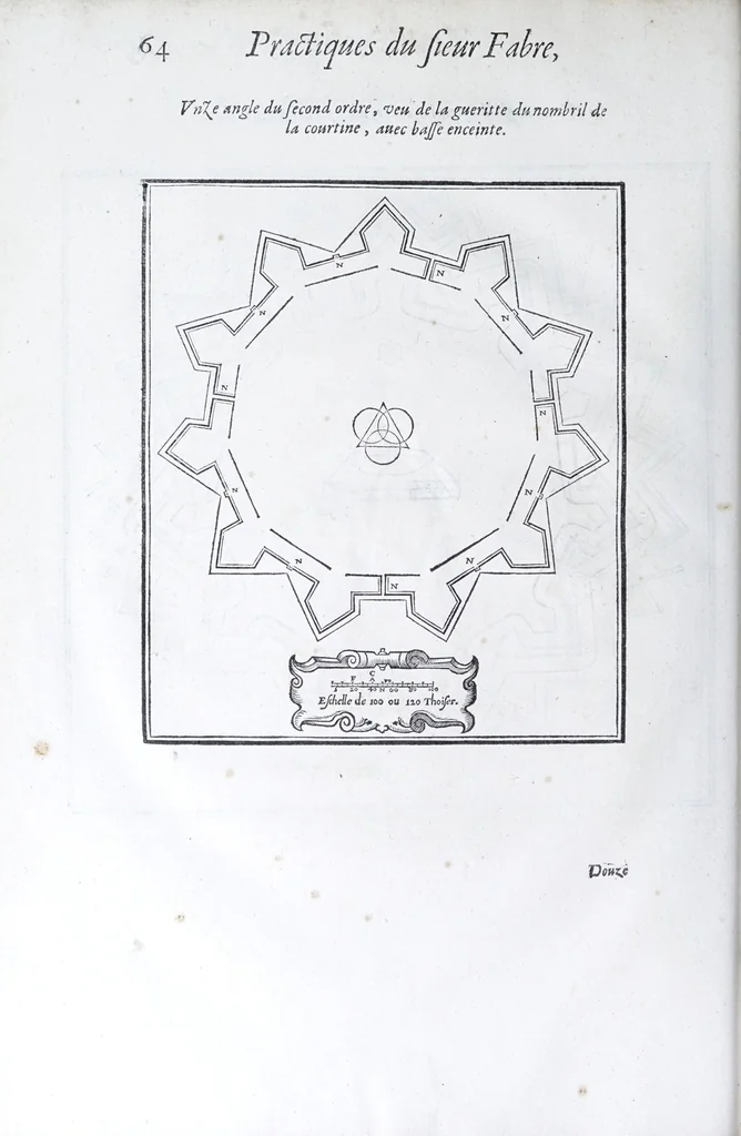 An illustration from Les practiques du sieur Fabre, sur lordre et reigle de fortifier, garder, attaquer, et defendre les places : auec vn facile moyen pour leuer touttes sortes de plans, tant des places et des bastimens, que de la campaigne pour les cartes, 1629, leaf 68