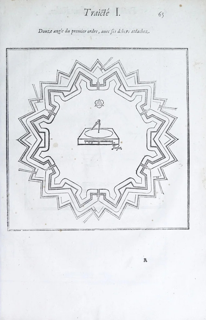 An illustration from Les practiques du sieur Fabre, sur lordre et reigle de fortifier, garder, attaquer, et defendre les places : auec vn facile moyen pour leuer touttes sortes de plans, tant des places et des bastimens, que de la campaigne pour les cartes, 1629, leaf 69