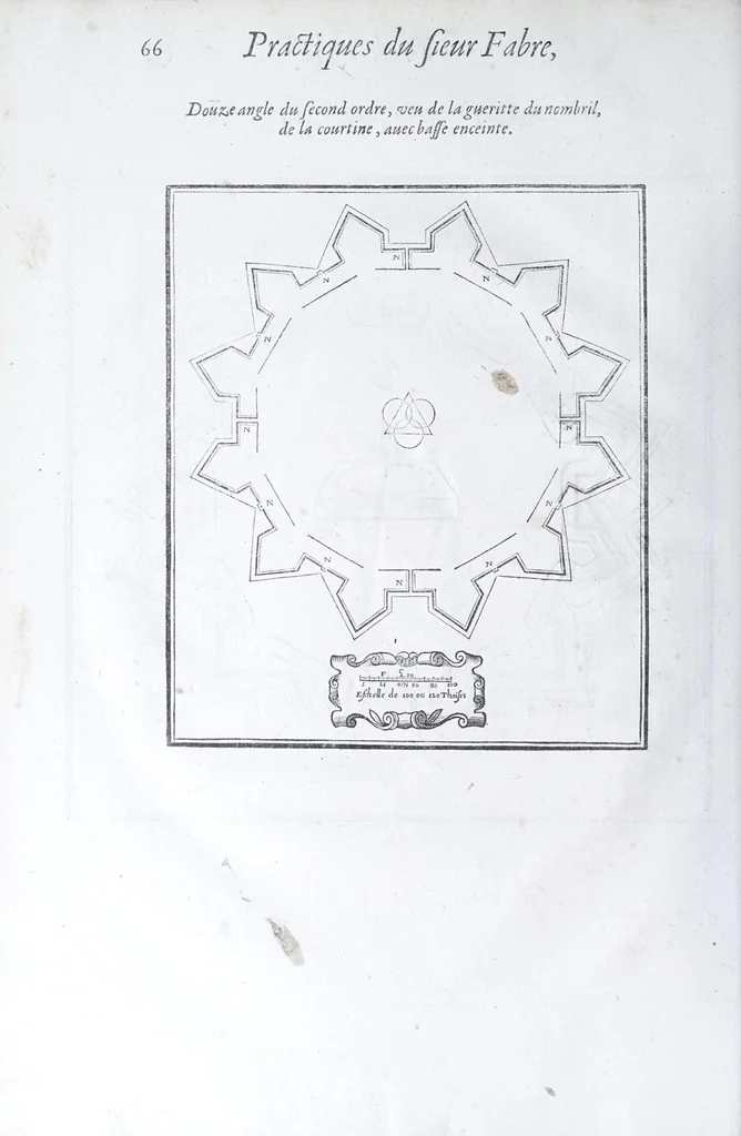 An illustration from Les practiques du sieur Fabre, sur lordre et reigle de fortifier, garder, attaquer, et defendre les places : auec vn facile moyen pour leuer touttes sortes de plans, tant des places et des bastimens, que de la campaigne pour les cartes, 1629, leaf 70