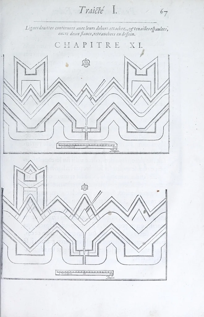 An illustration from Les practiques du sieur Fabre, sur lordre et reigle de fortifier, garder, attaquer, et defendre les places : auec vn facile moyen pour leuer touttes sortes de plans, tant des places et des bastimens, que de la campaigne pour les cartes, 1629, leaf 71