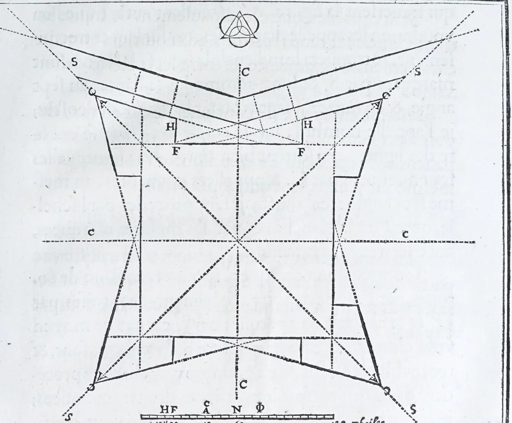 An illustration from Les practiques du sieur Fabre, sur lordre et reigle de fortifier, garder, attaquer, et defendre les places : auec vn facile moyen pour leuer touttes sortes de plans, tant des places et des bastimens, que de la campaigne pour les cartes, 1629, leaf 91