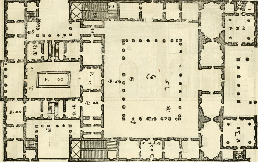 An illustration from Les quatre liures de l'architecture d'André Palladio : mis en françois : dans lesquels, après vn petit traitté des cinq ordres, auec quelques-vnes des plus necessaires obseruations pour bien bastir, il parle de la construction des maisons particulieres, des grands chemins, des ponts, des places publiques, des xystes, des basiliques, & des temples, 1650, leaf 100