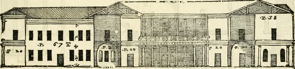 An illustration from Les quatre liures de l'architecture d'André Palladio : mis en françois : dans lesquels, après vn petit traitté des cinq ordres, auec quelques-vnes des plus necessaires obseruations pour bien bastir, il parle de la construction des maisons particulieres, des grands chemins, des ponts, des places publiques, des xystes, des basiliques, & des temples, 1650, leaf 100