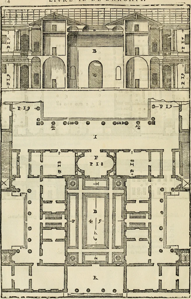 An illustration from Les quatre liures de l'architecture d'André Palladio : mis en françois : dans lesquels, après vn petit traitté des cinq ordres, auec quelques-vnes des plus necessaires obseruations pour bien bastir, il parle de la construction des maisons particulieres, des grands chemins, des ponts, des places publiques, des xystes, des basiliques, & des temples, 1650, leaf 101