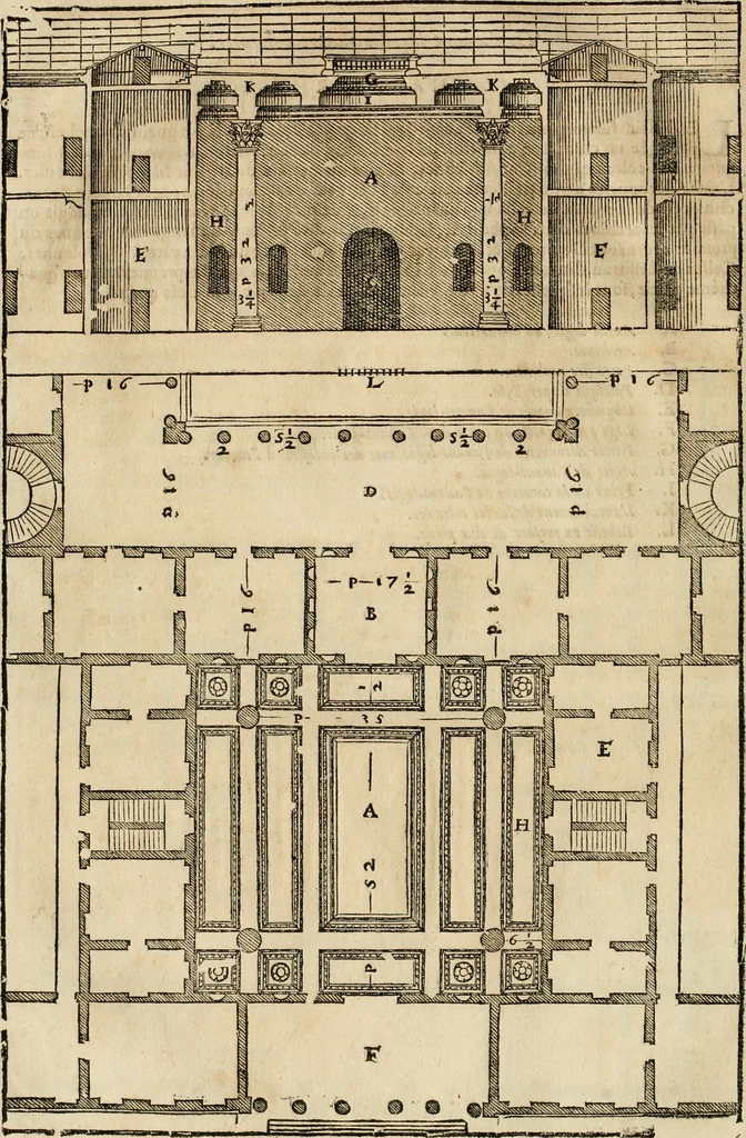 An illustration from Les quatre liures de l'architecture d'André Palladio : mis en françois : dans lesquels, après vn petit traitté des cinq ordres, auec quelques-vnes des plus necessaires obseruations pour bien bastir, il parle de la construction des maisons particulieres, des grands chemins, des ponts, des places publiques, des xystes, des basiliques, & des temples, 1650, leaf 103