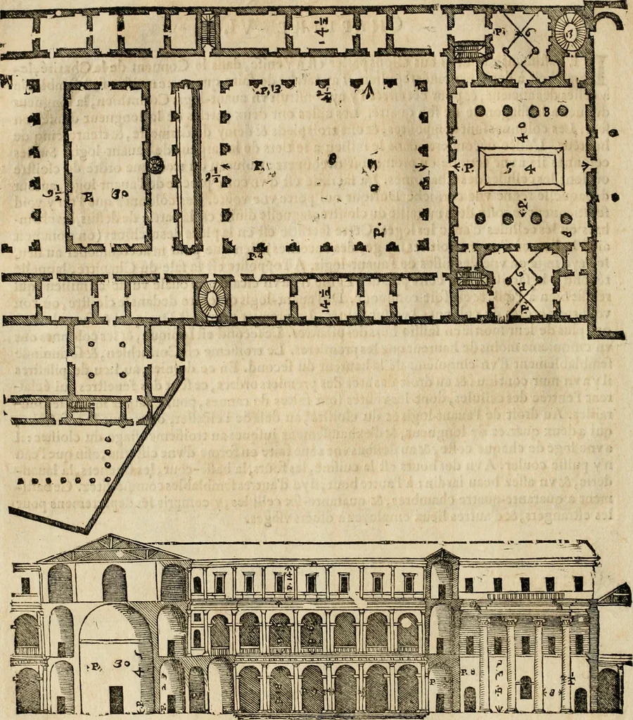 An illustration from Les quatre liures de l'architecture d'André Palladio : mis en françois : dans lesquels, après vn petit traitté des cinq ordres, auec quelques-vnes des plus necessaires obseruations pour bien bastir, il parle de la construction des maisons particulieres, des grands chemins, des ponts, des places publiques, des xystes, des basiliques, & des temples, 1650, leaf 105