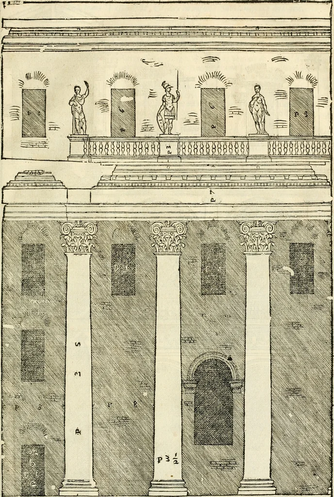 An illustration from Les quatre liures de l'architecture d'André Palladio : mis en françois : dans lesquels, après vn petit traitté des cinq ordres, auec quelques-vnes des plus necessaires obseruations pour bien bastir, il parle de la construction des maisons particulieres, des grands chemins, des ponts, des places publiques, des xystes, des basiliques, & des temples, 1650, leaf 106