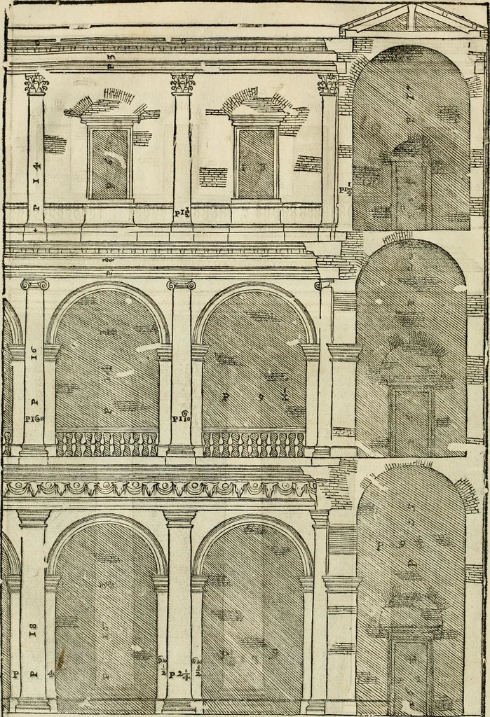 An illustration from Les quatre liures de l'architecture d'André Palladio : mis en françois : dans lesquels, après vn petit traitté des cinq ordres, auec quelques-vnes des plus necessaires obseruations pour bien bastir, il parle de la construction des maisons particulieres, des grands chemins, des ponts, des places publiques, des xystes, des basiliques, & des temples, 1650, leaf 107