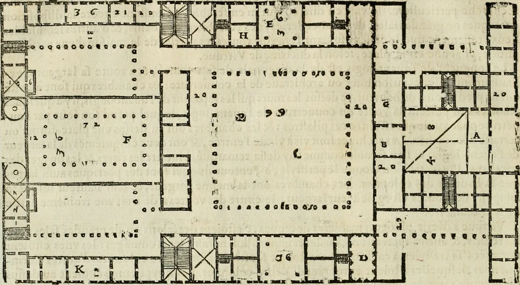 An illustration from Les quatre liures de l'architecture d'André Palladio : mis en françois : dans lesquels, après vn petit traitté des cinq ordres, auec quelques-vnes des plus necessaires obseruations pour bien bastir, il parle de la construction des maisons particulieres, des grands chemins, des ponts, des places publiques, des xystes, des basiliques, & des temples, 1650, leaf 109