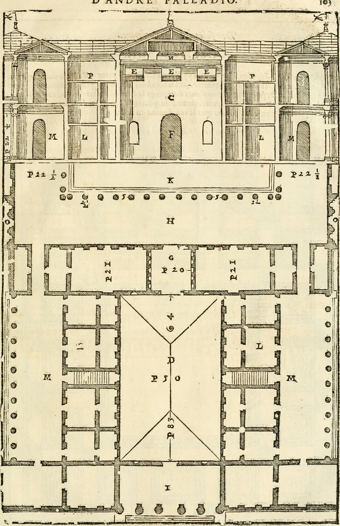 An illustration from Les quatre liures de l'architecture d'André Palladio : mis en françois : dans lesquels, après vn petit traitté des cinq ordres, auec quelques-vnes des plus necessaires obseruations pour bien bastir, il parle de la construction des maisons particulieres, des grands chemins, des ponts, des places publiques, des xystes, des basiliques, & des temples, 1650, leaf 110