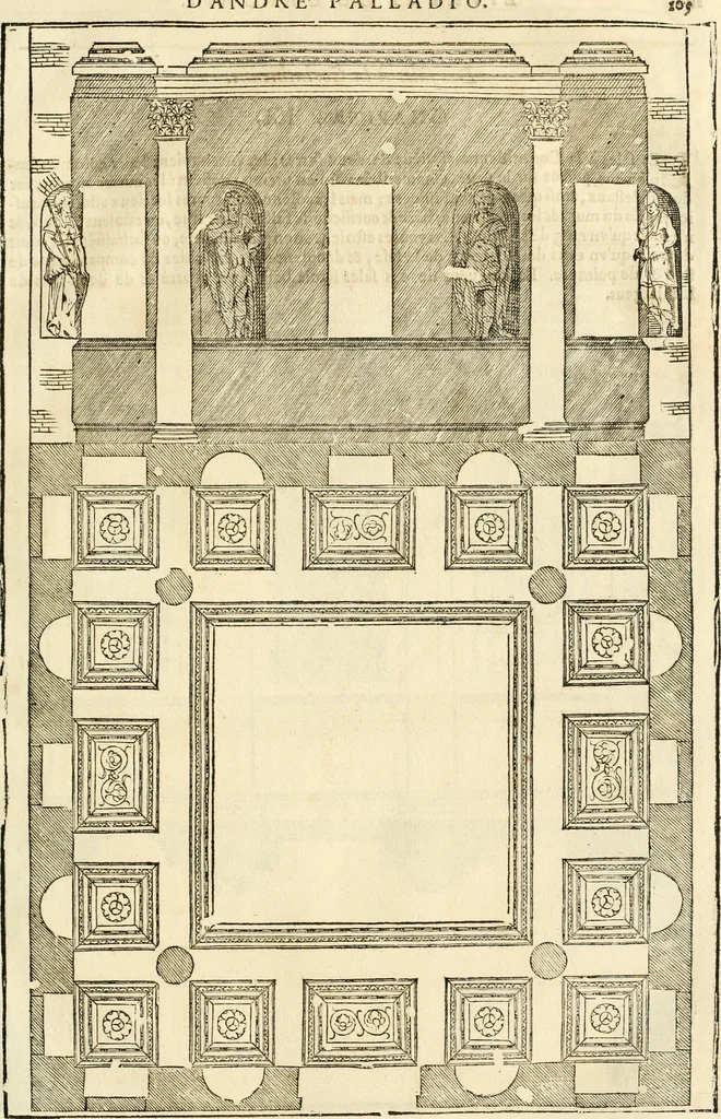 An illustration from Les quatre liures de l'architecture d'André Palladio : mis en françois : dans lesquels, après vn petit traitté des cinq ordres, auec quelques-vnes des plus necessaires obseruations pour bien bastir, il parle de la construction des maisons particulieres, des grands chemins, des ponts, des places publiques, des xystes, des basiliques, & des temples, 1650, leaf 112