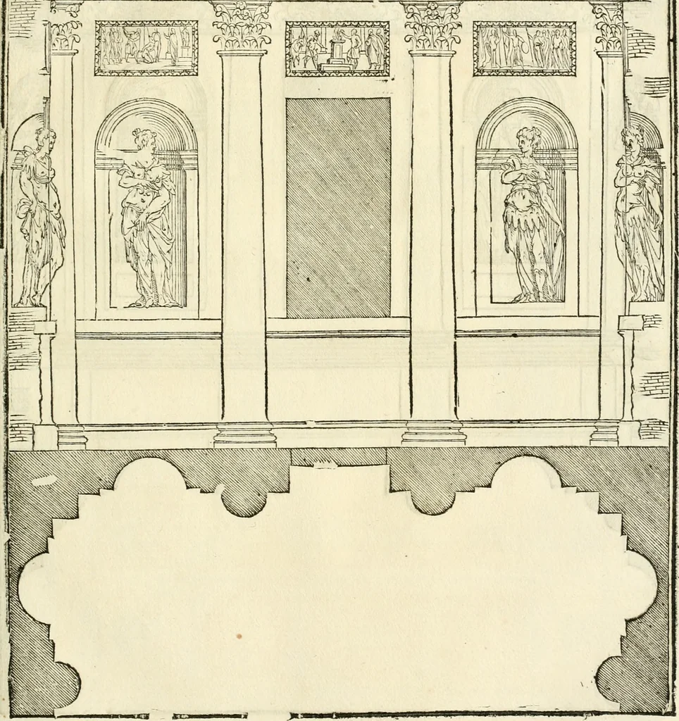 An illustration from Les quatre liures de l'architecture d'André Palladio : mis en françois : dans lesquels, après vn petit traitté des cinq ordres, auec quelques-vnes des plus necessaires obseruations pour bien bastir, il parle de la construction des maisons particulieres, des grands chemins, des ponts, des places publiques, des xystes, des basiliques, & des temples, 1650, leaf 114