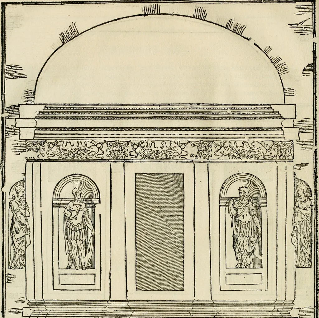 An illustration from Les quatre liures de l'architecture d'André Palladio : mis en françois : dans lesquels, après vn petit traitté des cinq ordres, auec quelques-vnes des plus necessaires obseruations pour bien bastir, il parle de la construction des maisons particulieres, des grands chemins, des ponts, des places publiques, des xystes, des basiliques, & des temples, 1650, leaf 115