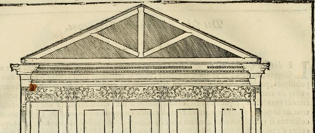 An illustration from Les quatre liures de l'architecture d'André Palladio : mis en françois : dans lesquels, après vn petit traitté des cinq ordres, auec quelques-vnes des plus necessaires obseruations pour bien bastir, il parle de la construction des maisons particulieres, des grands chemins, des ponts, des places publiques, des xystes, des basiliques, & des temples, 1650, leaf 117
