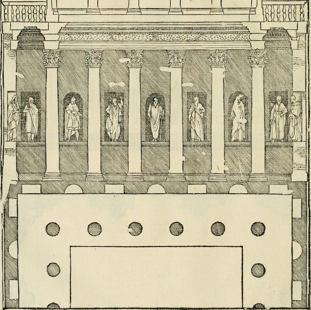 An illustration from Les quatre liures de l'architecture d'André Palladio : mis en françois : dans lesquels, après vn petit traitté des cinq ordres, auec quelques-vnes des plus necessaires obseruations pour bien bastir, il parle de la construction des maisons particulieres, des grands chemins, des ponts, des places publiques, des xystes, des basiliques, & des temples, 1650, leaf 117