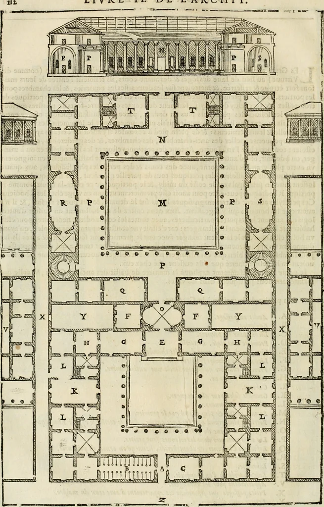 An illustration from Les quatre liures de l'architecture d'André Palladio : mis en françois : dans lesquels, après vn petit traitté des cinq ordres, auec quelques-vnes des plus necessaires obseruations pour bien bastir, il parle de la construction des maisons particulieres, des grands chemins, des ponts, des places publiques, des xystes, des basiliques, & des temples, 1650, leaf 119